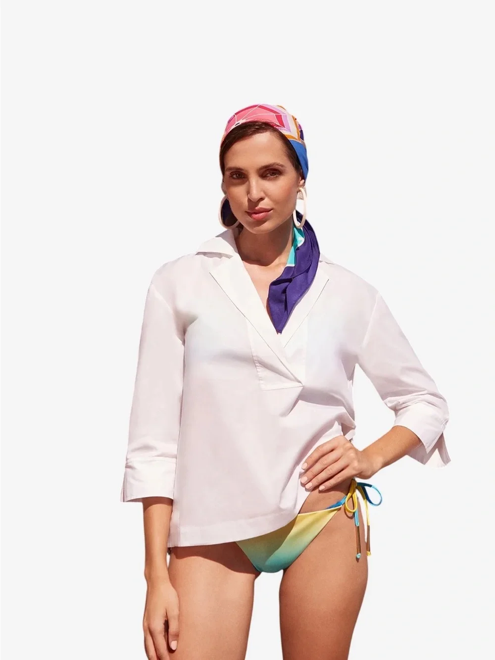 Trina Turk Multicolor Beach Umbrella Scarf with Navy Border